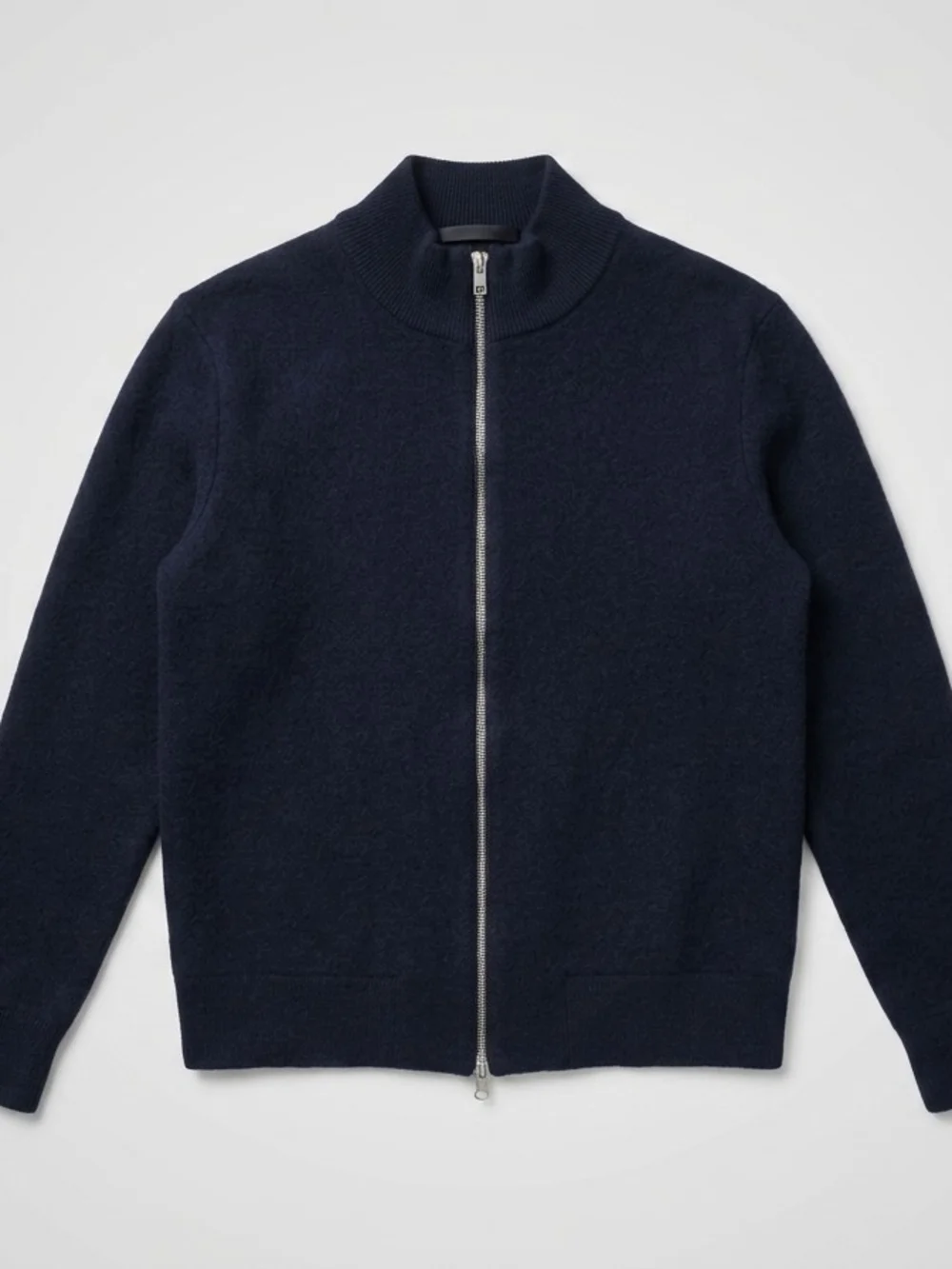 Navy Cashmere Stand Collar Zip Up Sweater
